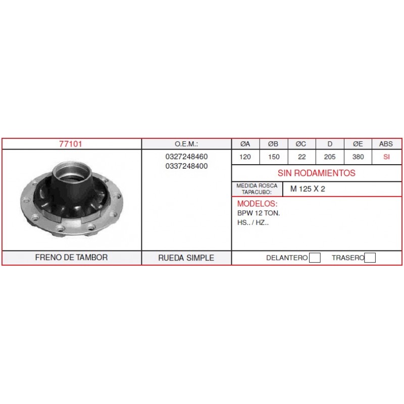 Buje BPW sin rodamientos freno de tambor - 239,60 € 