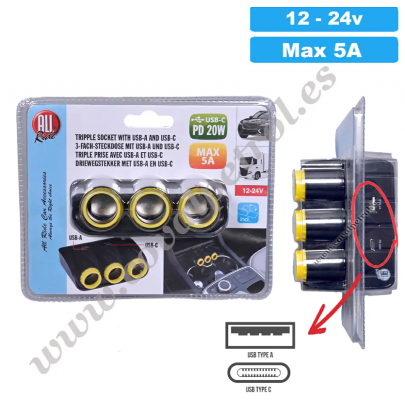 Triple enchufe para mechero con USB y tipo C - 15,75 €